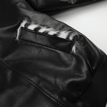 Men's Biker PU Leather Jacket with Diagonal Zipper and Fur Lapel Collar