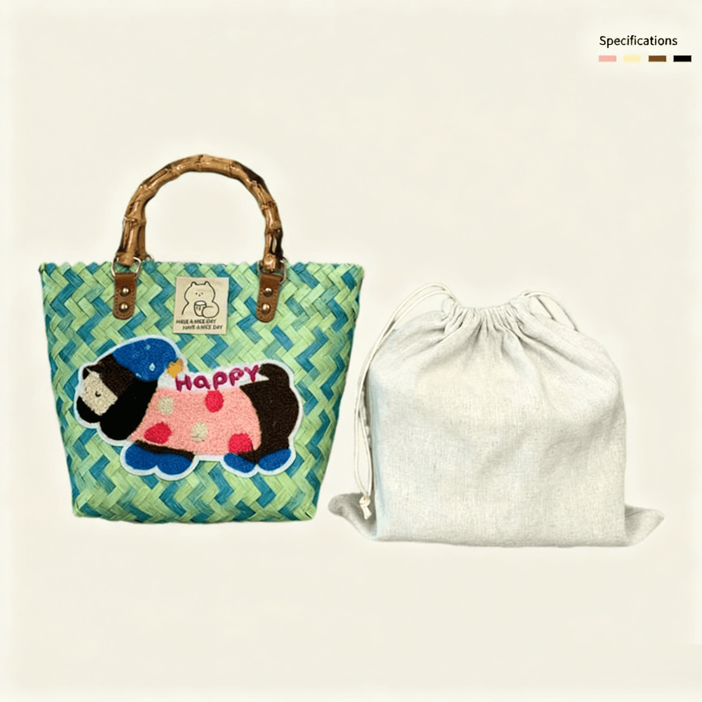 Large capacity sausage dog hand woven cabbage basket bag Bamboo Node - Monet's Garden Happy Dog (With Lining)