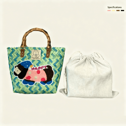 Large capacity sausage dog hand woven cabbage basket bag Bamboo Node - Monet's Garden Happy Dog (With Lining)