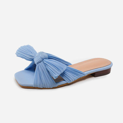 Women's Summer Flat Bottom Bow Mesh Outer Wear Fingerless Slippers blue