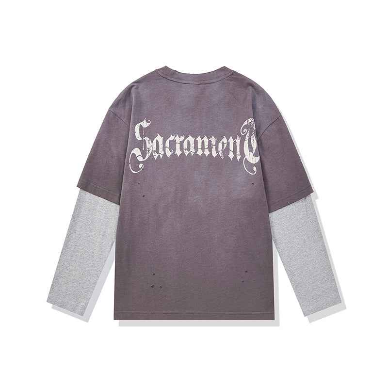 Washed Distressed Printed Faux Two-Piece Loose Long Sleeve T-Shirt For Men