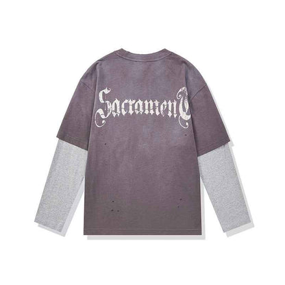 Washed Distressed Printed Faux Two-Piece Loose Long Sleeve T-Shirt For Men