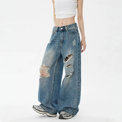 Vintage Blue Ripped Washed Denim Pants For Women | MuddyStock Originals