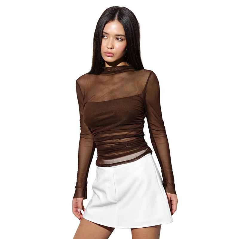 New Round-neck Pullover Sheer Mesh Bustier Spliced Top For Women MuddyStock