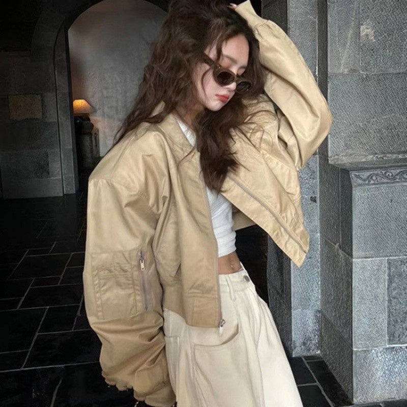 American Retro Bomber Jacket Baseball Uniform Khaki All Products