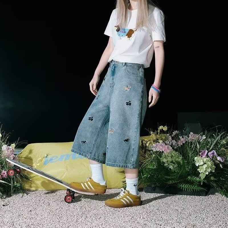 Cartoon Dog Embroidery Washed Denim Shorts for Women | MuddyStock Originals