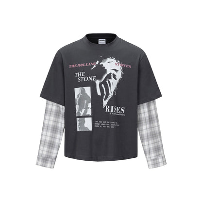 Character Print Faux Two-Piece Plaid Spliced Long Sleeve T-Shirt for Men | MuddyStock Originals Dark Gray