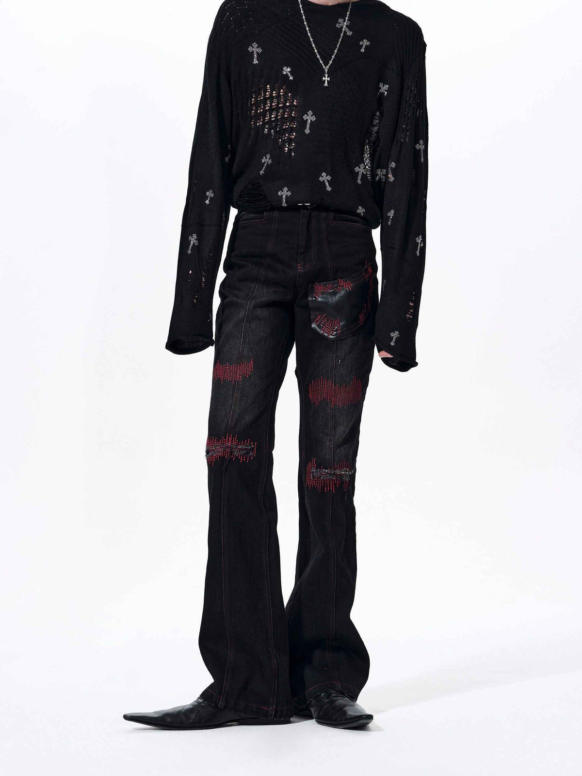 Flared Denim Men's Patchwork Straight-leg Pants
