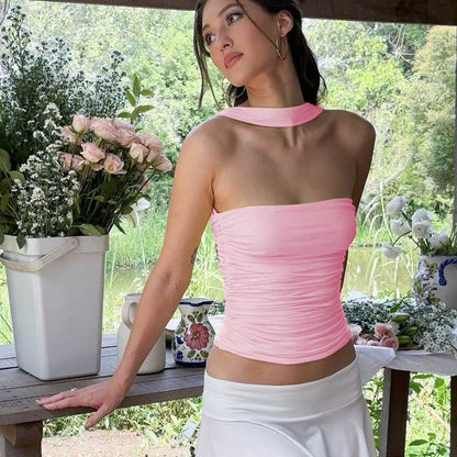 Women's Halter Ribbon Tube Top Vest Pink MuddyStock