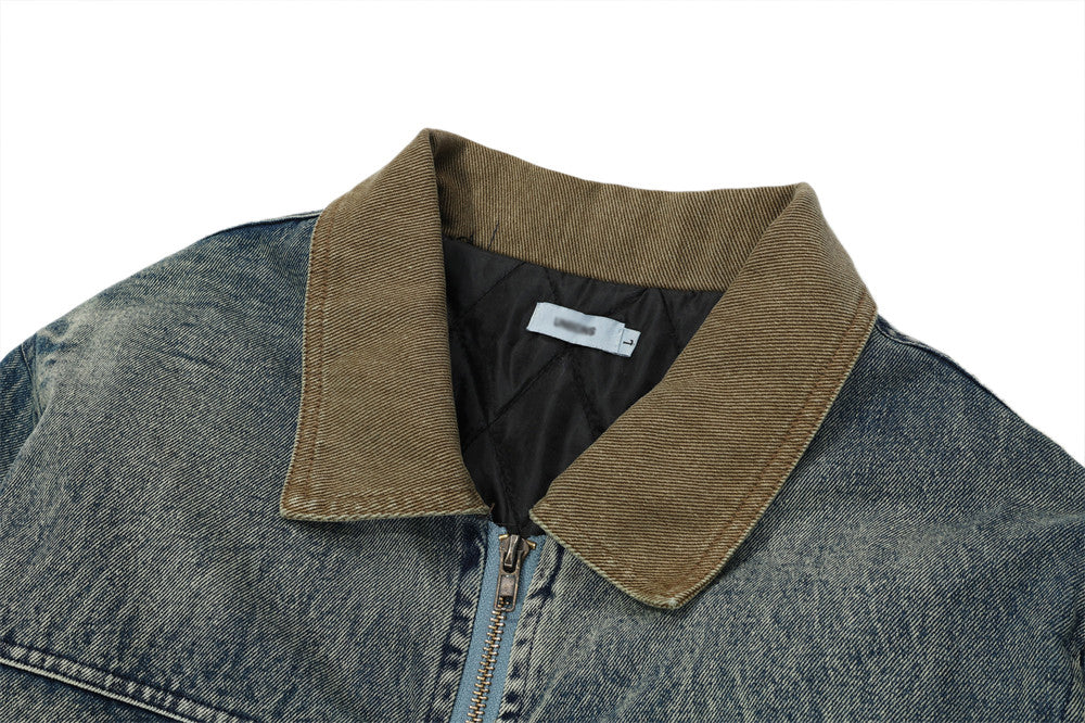 Color Stitching Turnover Neck Denim Jacket For Men And Women