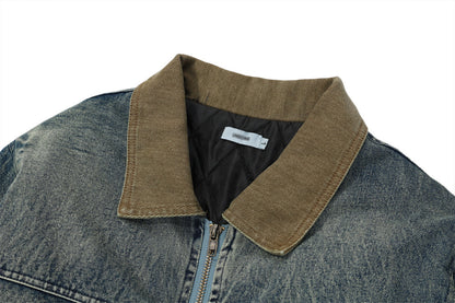 Color Stitching Turnover Neck Denim Jacket For Men And Women
