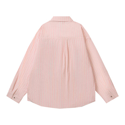 Retro Bee Letter Print Striped Couple Long Sleeve Shirt Loose Fit All-Match Blouse Men