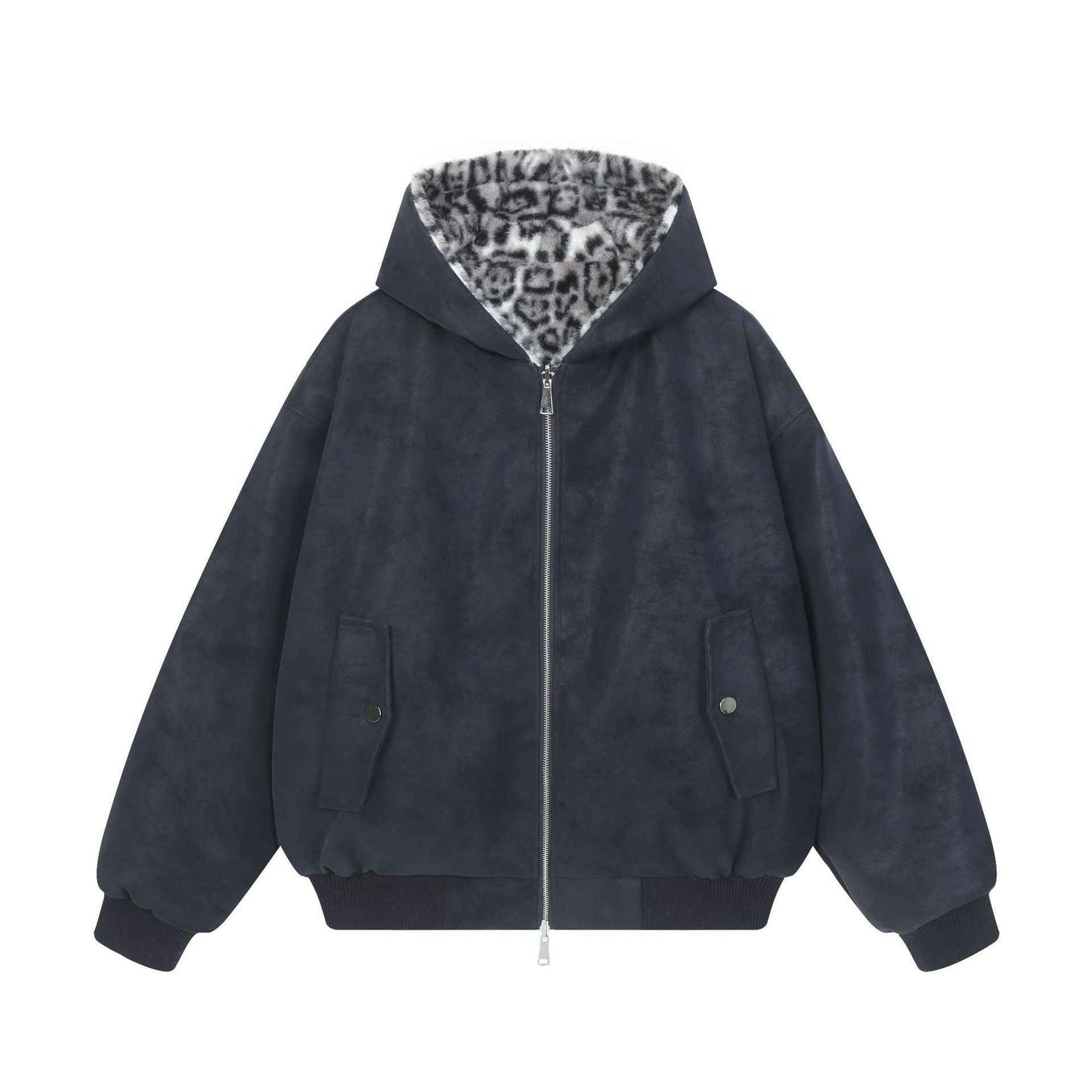 Double sided mountain carved leopard print hoodie for men and women | MuddyStock Originals Navy Blue