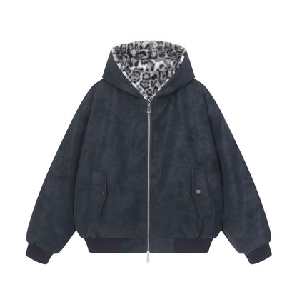 Double sided mountain carved leopard print hoodie for men and women | MuddyStock Originals Navy Blue