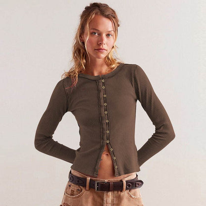 Round Neck Cardigan For Women Coffee MuddyStock