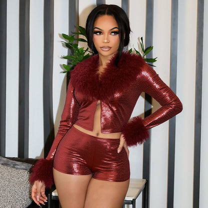 Long sleeved top and tight shorts two-piece set