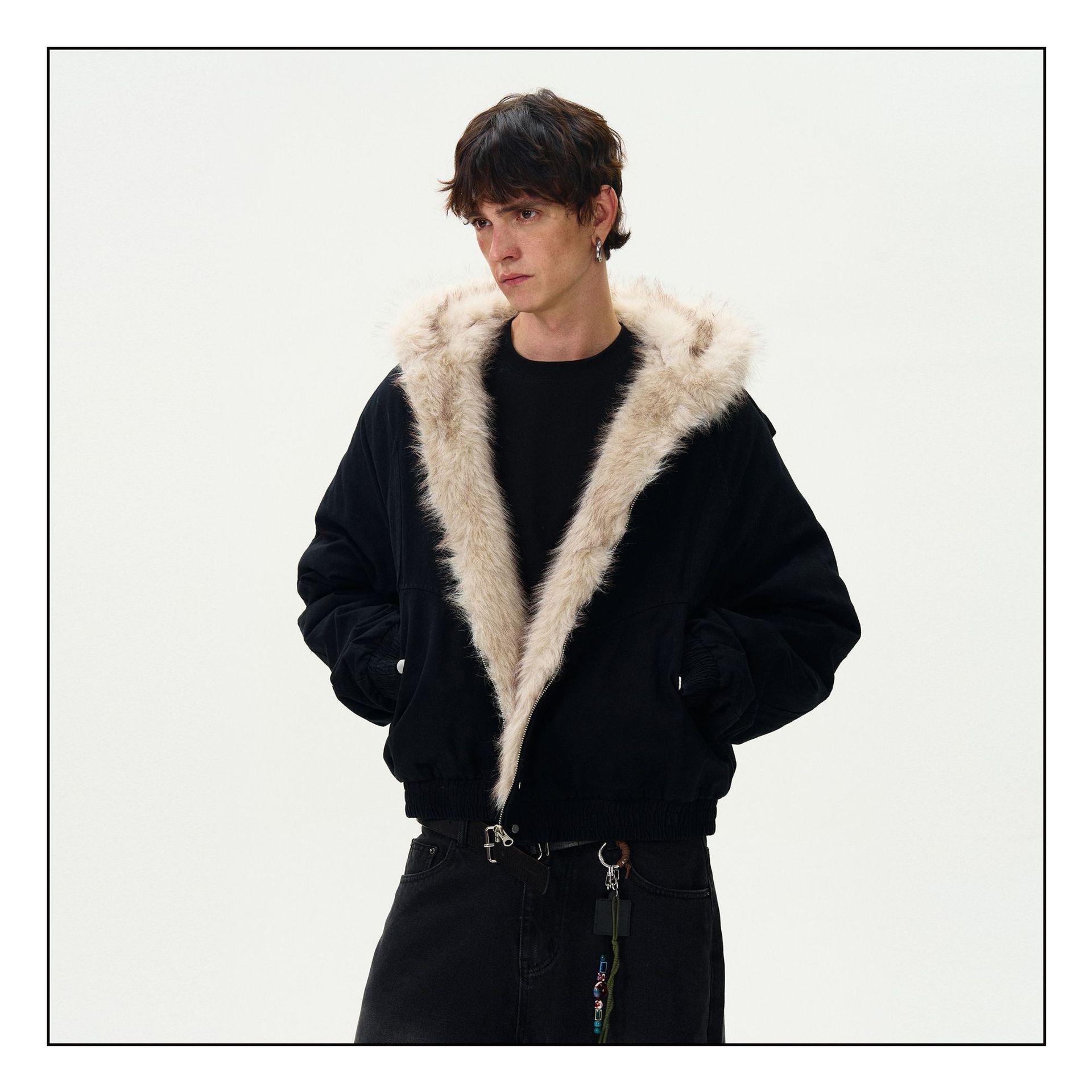 American Retro Niche Deconstructed Patch Fleece Jacket For Men Black All Products