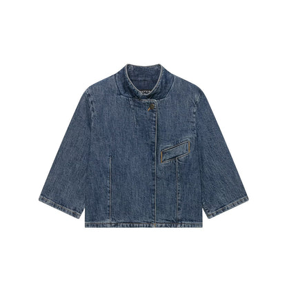 Versatile short sleeved stand up collar denim suit jacket