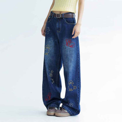 Dog Embroidered Wide Leg Jeans For Men And Women MuddyStock