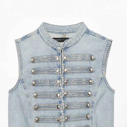Knot button up stand up collar denim vest for women | MuddyStock Originals