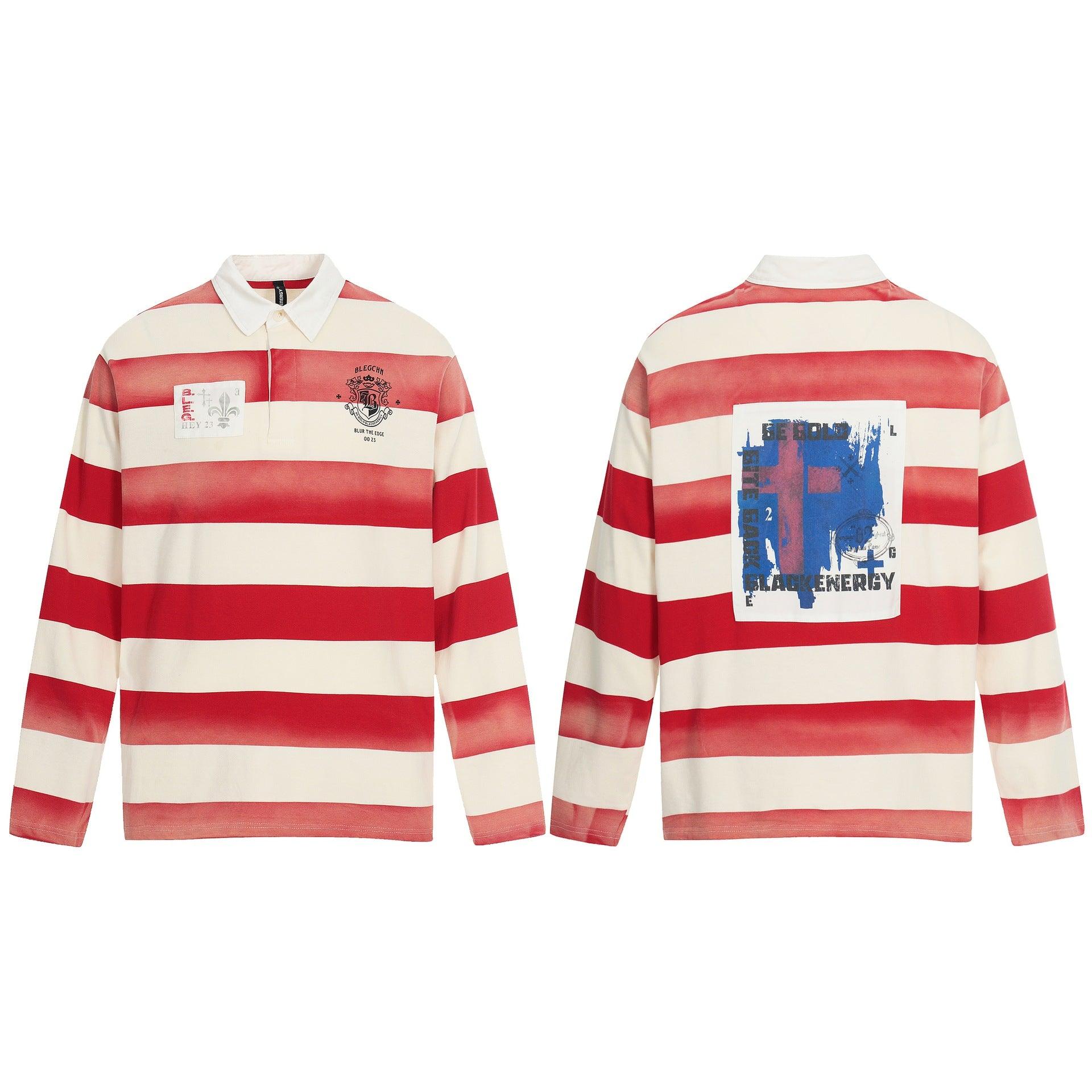 Distressed Printed Color-block Stripe Casual Loose Long Sleeve Polo T-shirt | MuddyStock Originals