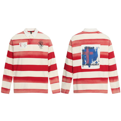 Distressed Printed Color-block Stripe Casual Loose Long Sleeve Polo T-shirt | MuddyStock Originals