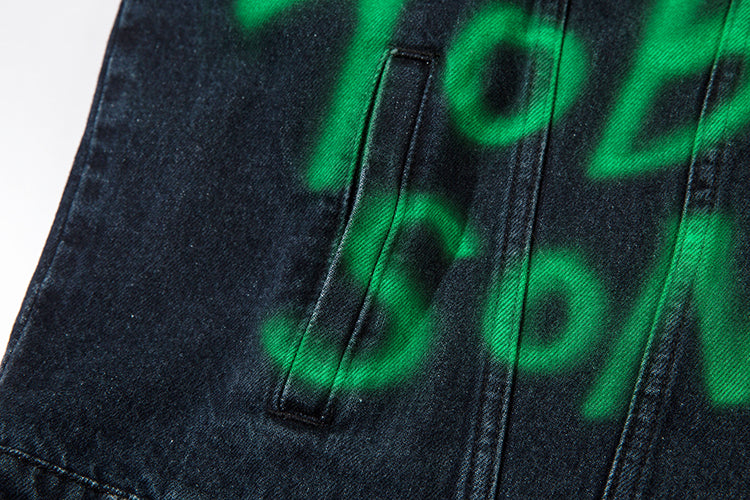 Hip Hop American Letters Inkjet Patterned Denim Jacket For Men And Women