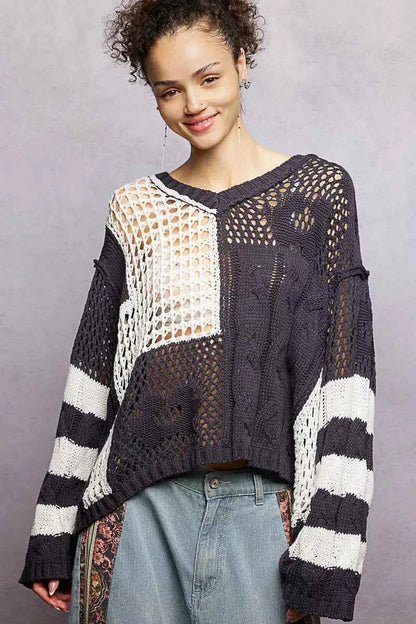 Stripe Pattern Knit Top with Twisted Weave For Women CHARCOAL Trendsi