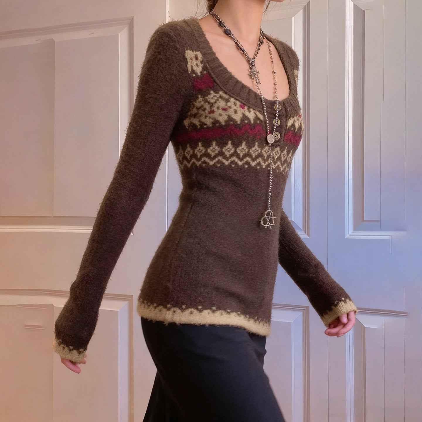 Vintage ethnic pattern U-neck sweater for women | MuddyStock Originals