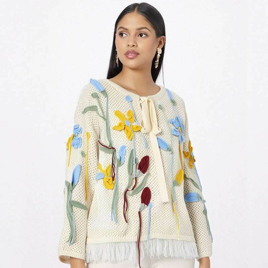 Floral lace up knitted cardigan top for women | MuddyStock Originals MuddyStock