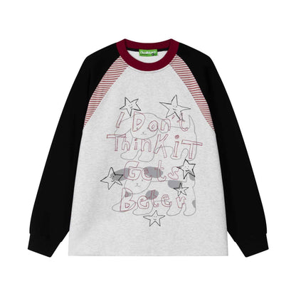 Hand drawn puppy striped patchwork long sleeved sweatshirt for men and women | MuddyStock Originals Gray and Black Splicing MuddyStock