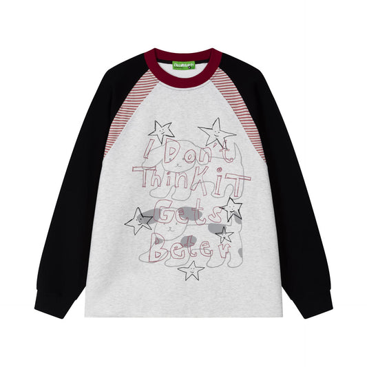 Hand drawn puppy striped patchwork long sleeved sweatshirt for men and women | MuddyStock Originals Gray and Black Splicing MuddyStock