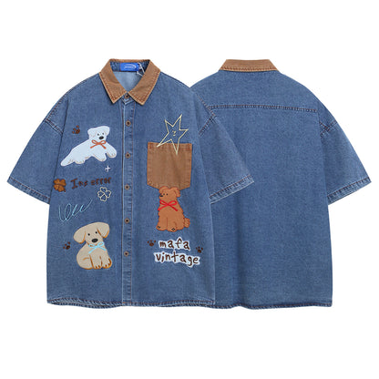 Retro Spliced Corduroy Applique Dog Short Sleeve Shirt for Men and Women | MuddyStock Originals eprolo