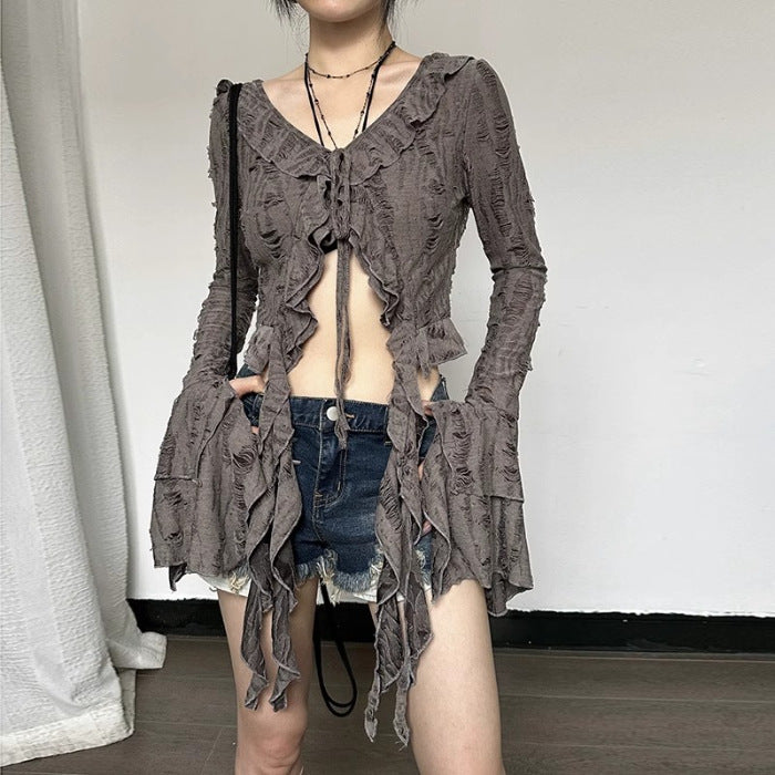 Ruffled V-neck Cropped Top For Women Gray