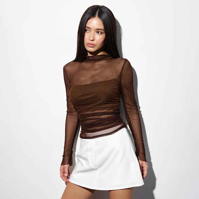 New Round-neck Pullover Sheer Mesh Bustier Spliced Top For Women MuddyStock