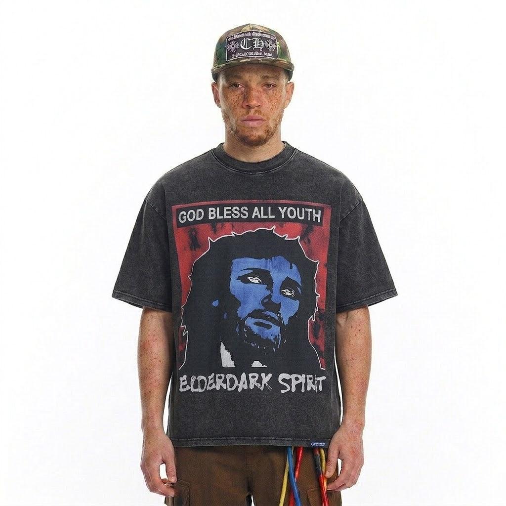 Character print distressed pure cotton short sleeved t-shirt for men | MuddyStock Originals