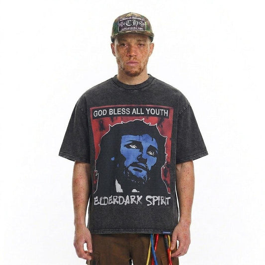 Character print distressed pure cotton short sleeved t-shirt for men | MuddyStock Originals