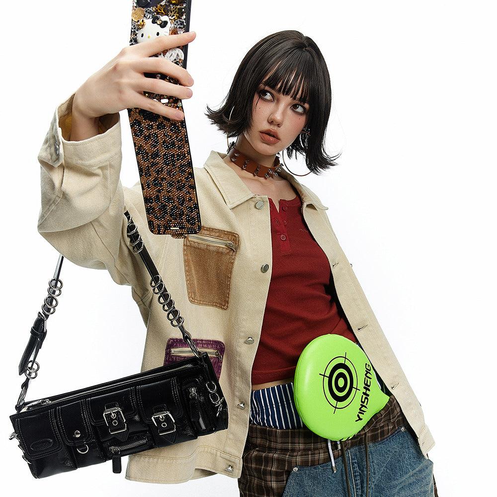 Punk Design Contrast Color Multi-pocket Baggy Coat For Women All Products
