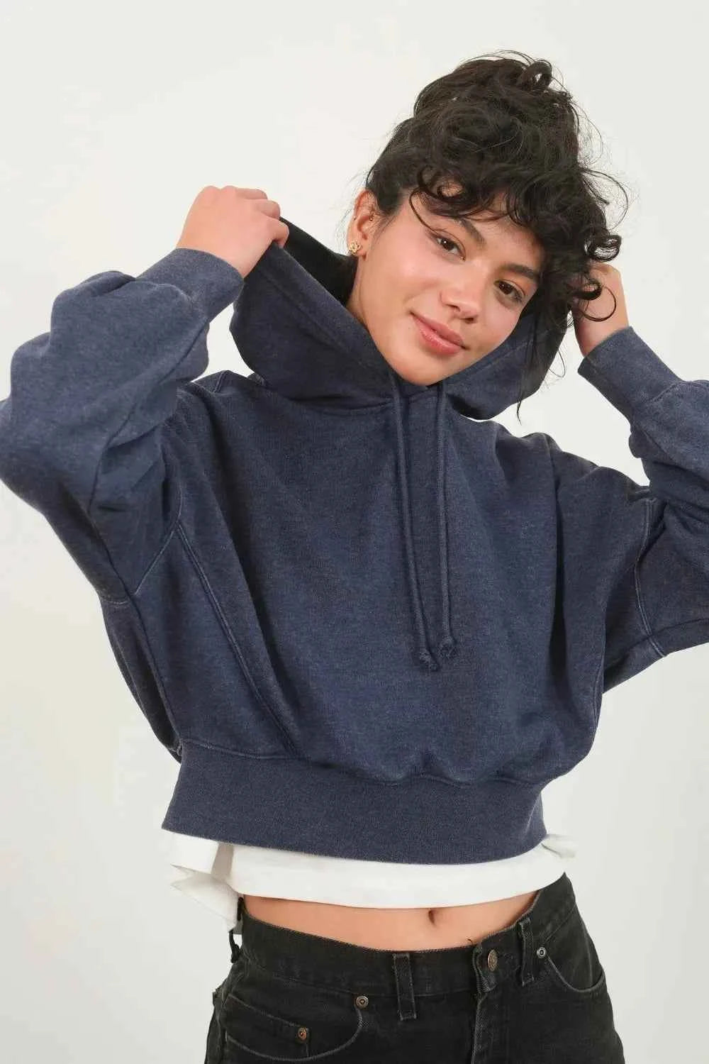 Drop Shoulder Cropped Hoodie For Women Dark Night Trendsi