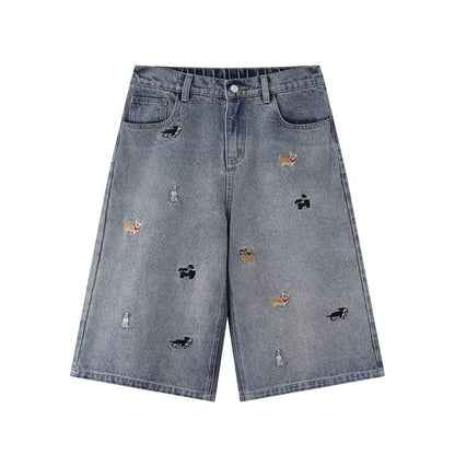 Cartoon Dog Embroidery Washed Denim Shorts for Women | MuddyStock Originals