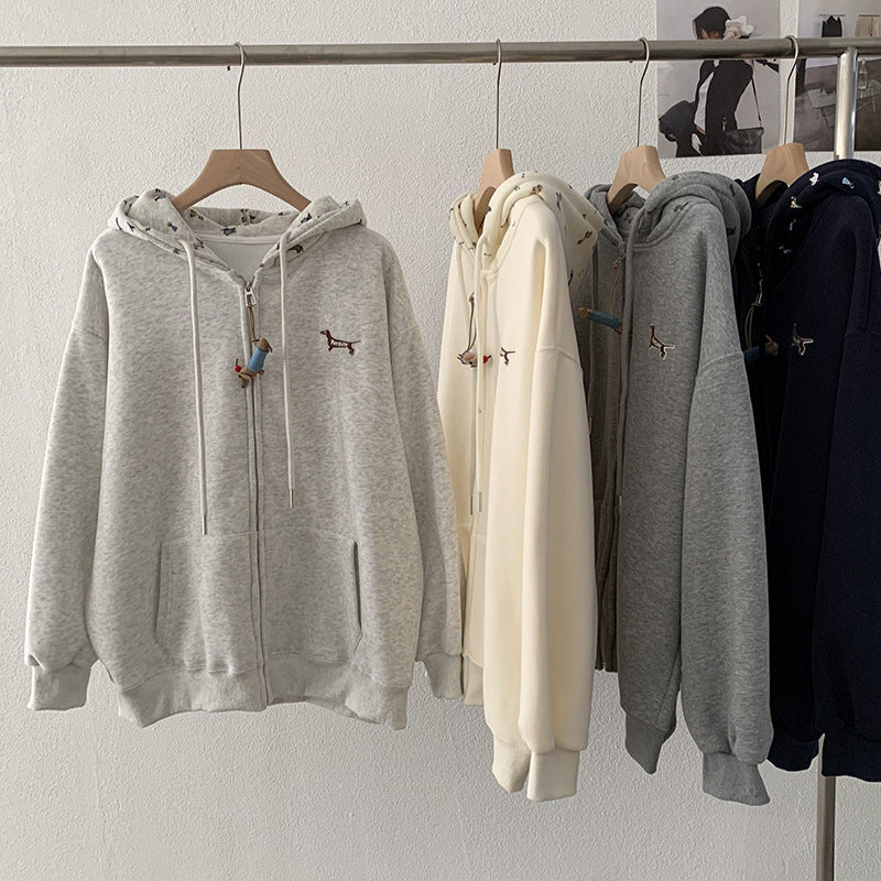 Embroidered Dog Print Hooded Zipper Sweatshirt Jacket Loose Casual Open Front Top eprolo