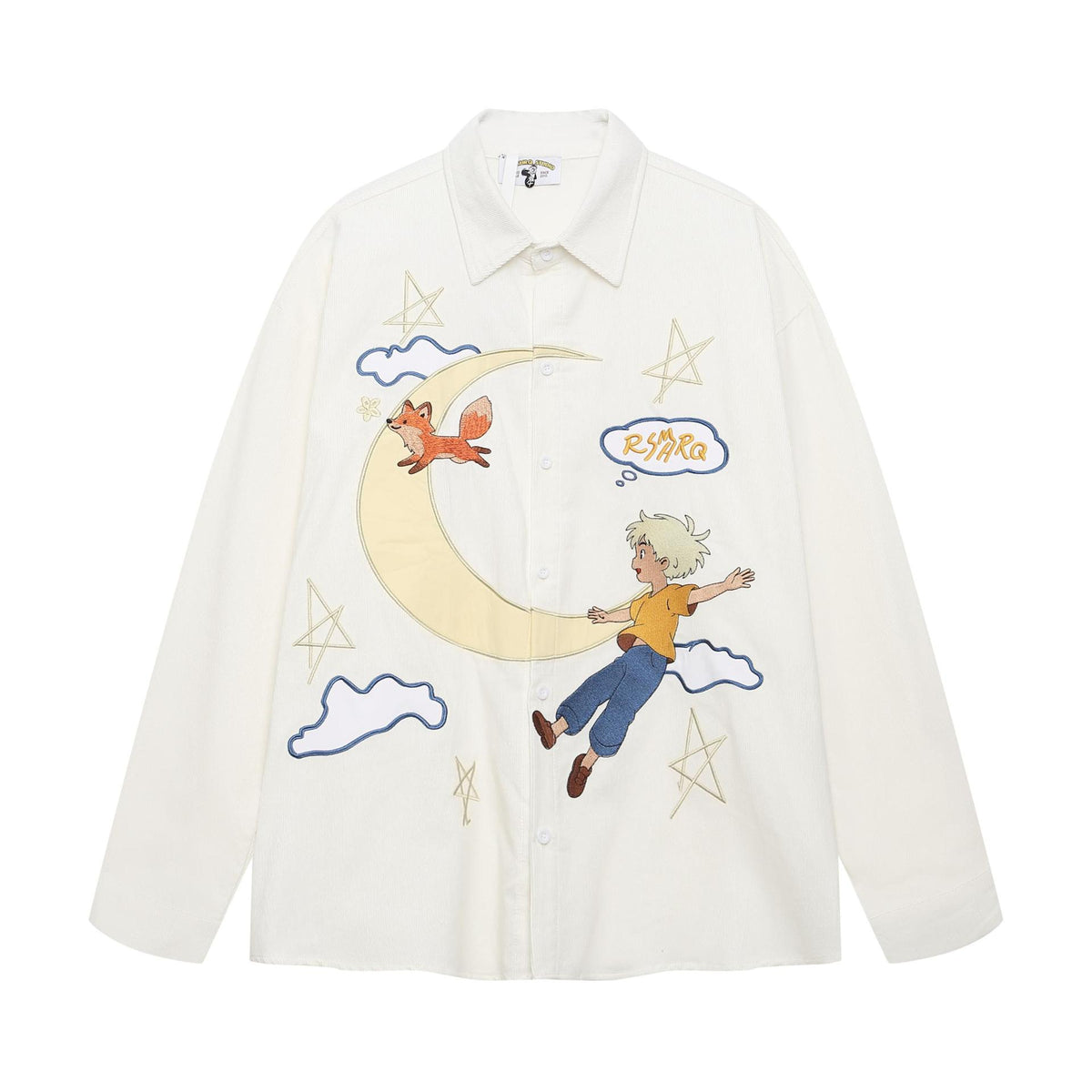 Cartoon embroidered corduroy long sleeved shirt White