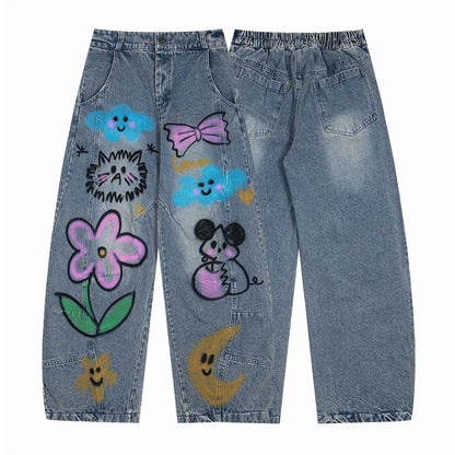 Cartoon graffiti printed jeans wide leg pants for women | MuddyStock Originals
