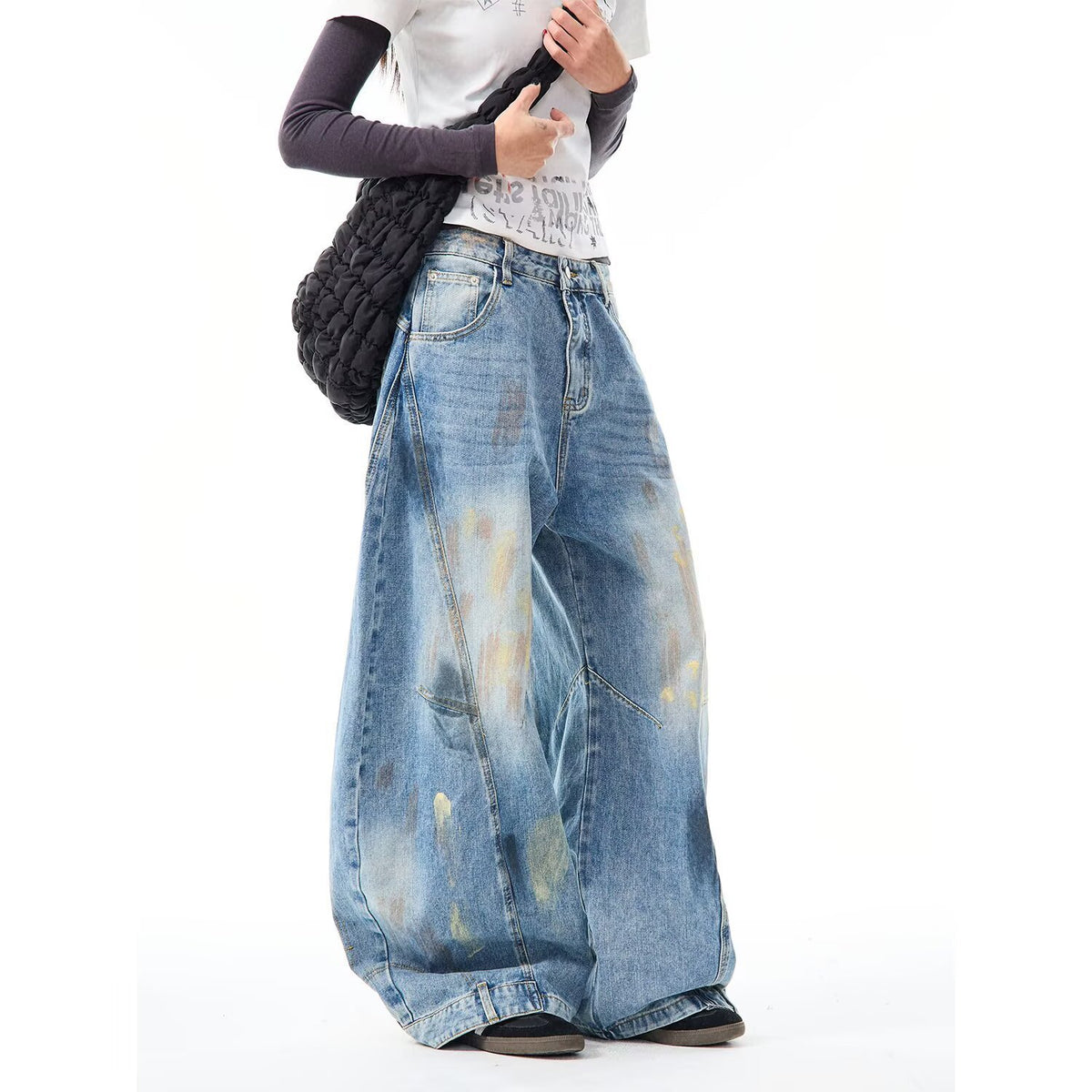 Street Style Wide-Leg Jeans with Knife Design for Men and Women Blue without back waist leather label