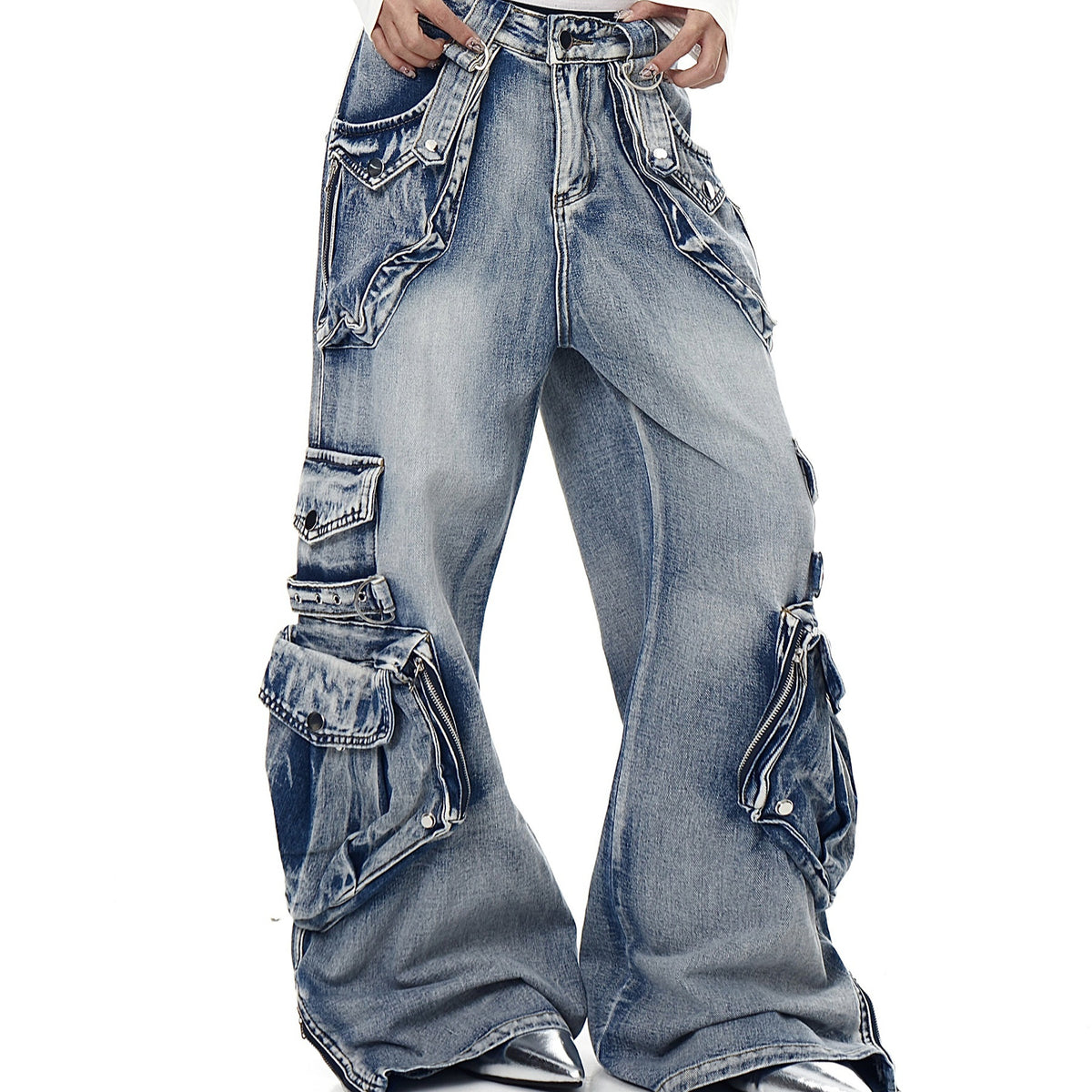 Retro Heavy Industry Multi-pocket Workwear Jeans For Women Blue