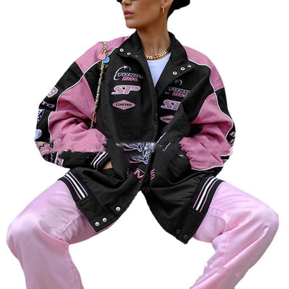 Women's Sports Style Printed Pink Casual Long-sleeved Jacket MuddyStock