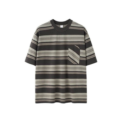 Striped Pocket T-shirt American Style Loose Short Sleeve Gray MuddyStock