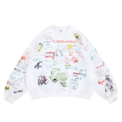 Full Print Graffiti Hip-Hop Fleece Lined Crewneck Sweatshirt For Men | MuddyStock Originals White