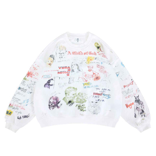 Full Print Graffiti Hip-Hop Fleece Lined Crewneck Sweatshirt For Men | MuddyStock Originals White