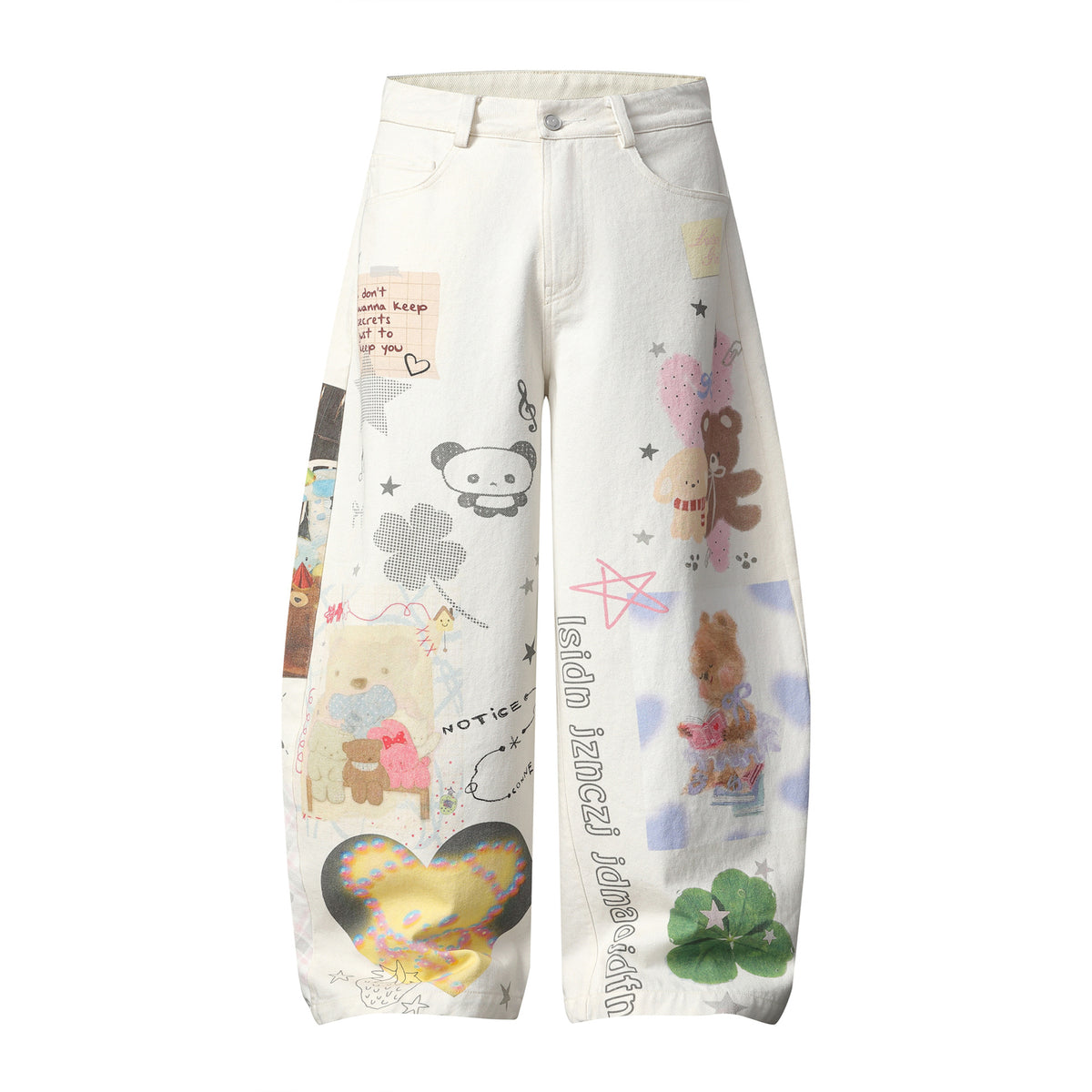 Cartoon Bear Doll Print Denim Wide Leg Jeans For Women | MuddyStock Originals White